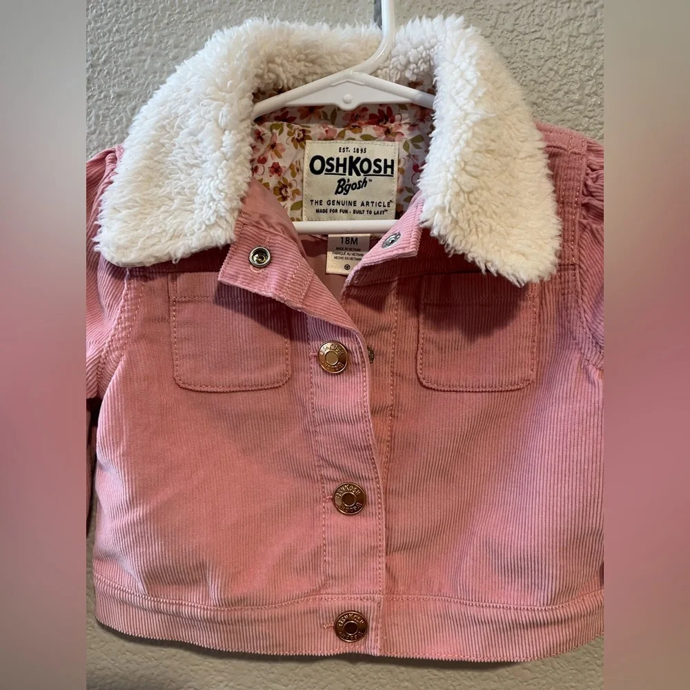 Oshkosh Bgosh Baby Girl Corduroy Sherpa Collar Pink Jacket Size 18 Months